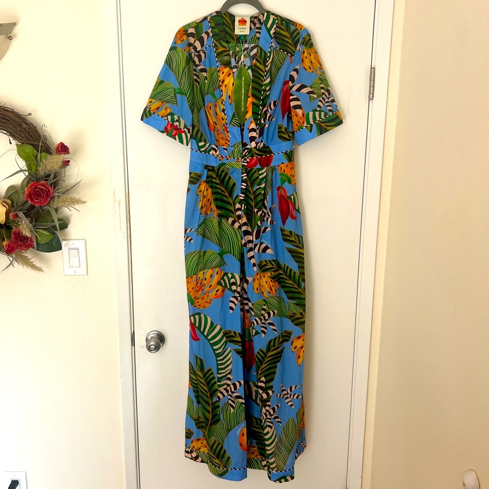 NWT Farm Rio Striped Bananas Blue Jumpsuit size small